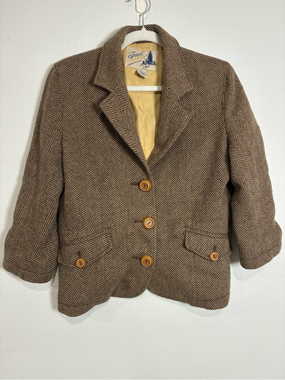 Vintage Y2K Fossil Herringbone Cream and Brown Labeled Lined Jacket